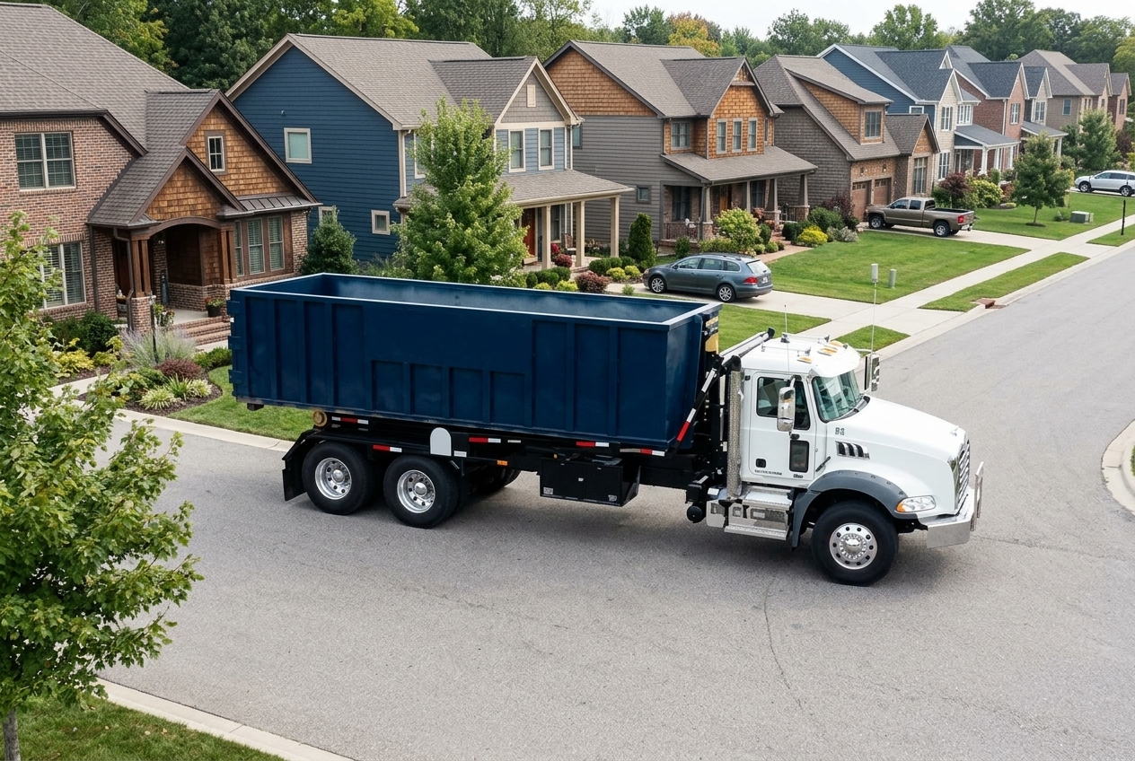 DumpstersRental365 truck hauling a roll off dumpster through a neighborhood.