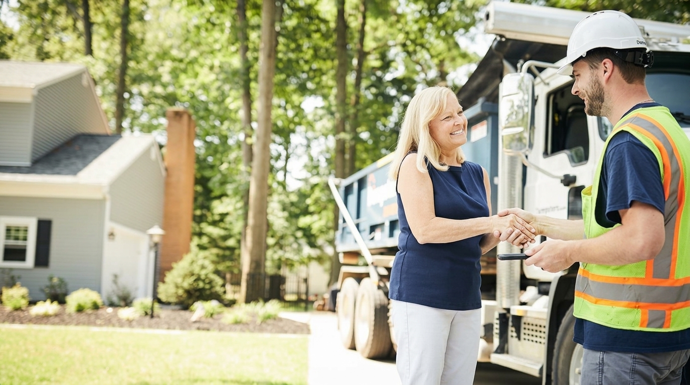 Woman Shaking Hands With Roll Off Dumpster Driver in Driveway