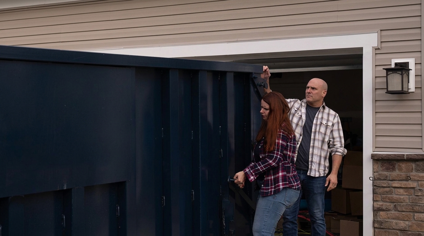 Couple With DumpstersRental365 Dumpster in Driveway